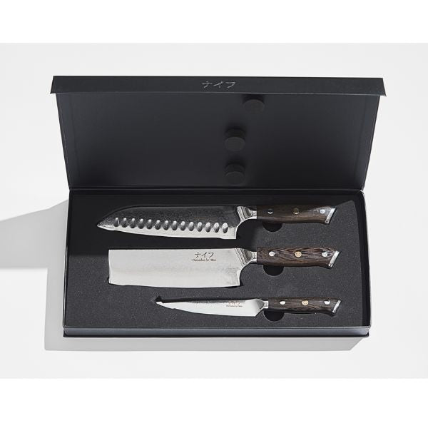 Damascus By Hâws Santoku Knivsæt - 3 dele - Wengé